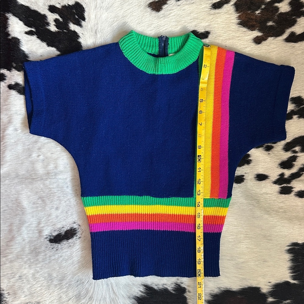 Vintage Colorful Blue Green Yellow Pink Striped Knit Sweater Top - Picture 3 of 7